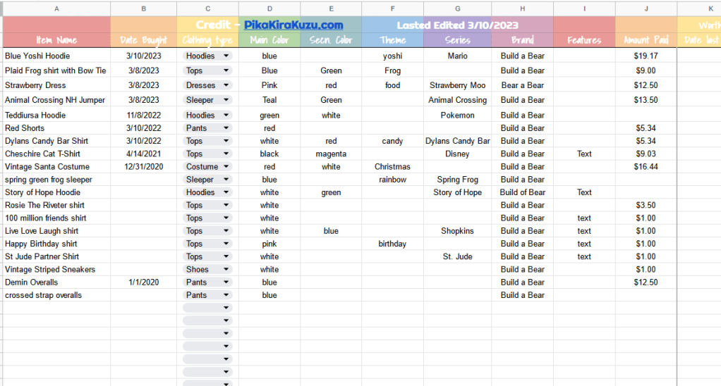 [Fun] Free Build a Bear Spreadsheet to catalog clothing&nbsp;collection